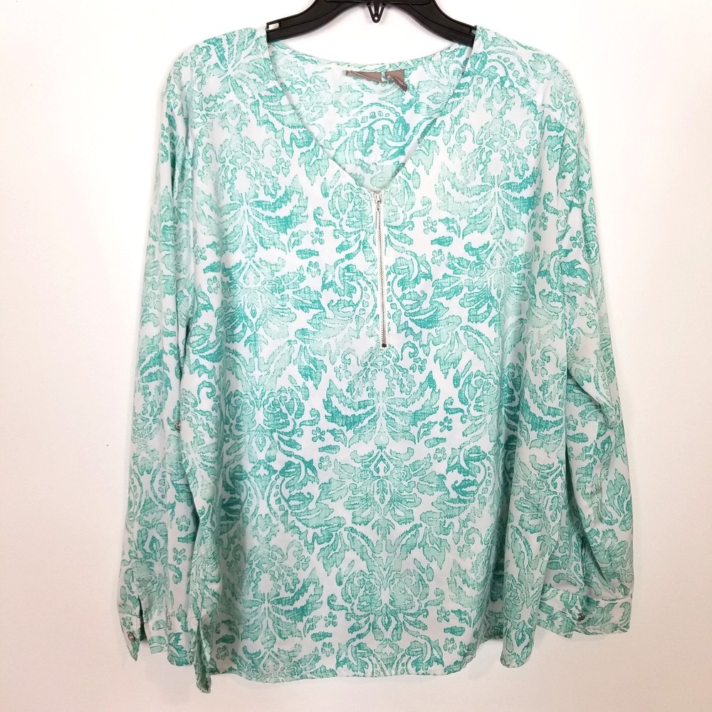 Chicos Women Paisley Artsy Blouse Top‎ Sz XL Green White Zip Neck Boho